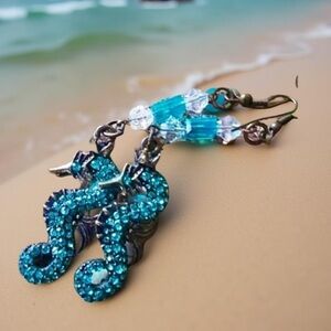 Seahorse earrings crystal paved aqua color for pierced ears Handcrafted NWT